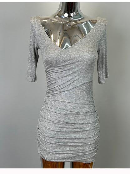 South Korea Dongdaemun New Sexy Feminine V-Neck Pleated Bag Hip Mid-Sleeve dress Figure