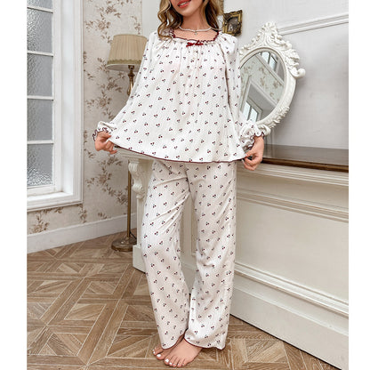 Cross-Border Sweet Cherry Blossom Pajamas Women's Set Spring and Autumn New European and American Style Floral Round Neck Long-Sleeved Long Pants Loungewear