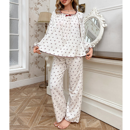 Cross-Border Sweet Cherry Blossom Pajamas Women's Set Spring and Autumn New European and American Style Floral Round Neck Long-Sleeved Long Pants Loungewear