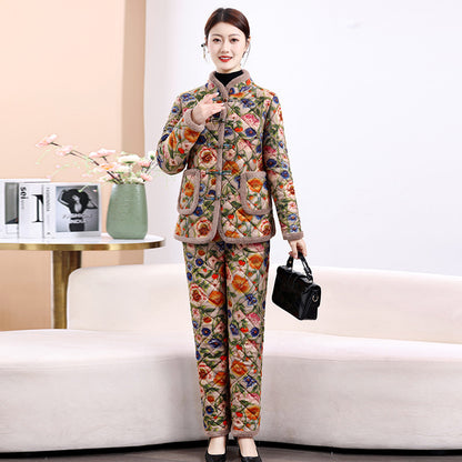 Chinese Style Mother's Winter New fleece-lined Thickened Cotton-padded Coat suit Middle-aged Women's Cotton-padded Clothes Cotton Pants Warm Two-piece Set