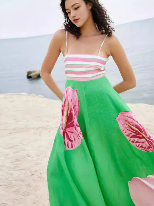 2024 Summer New European and American Cross-border Independent Station Sexy Sling Elegant Printed Striped High Waist Large Swing dress