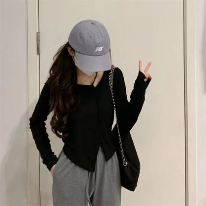 American Style Design Irregular Long-sleeved T-shirt Women's 2024 Spring and Autumn New Slim-fit Slimming Temperament Base Top