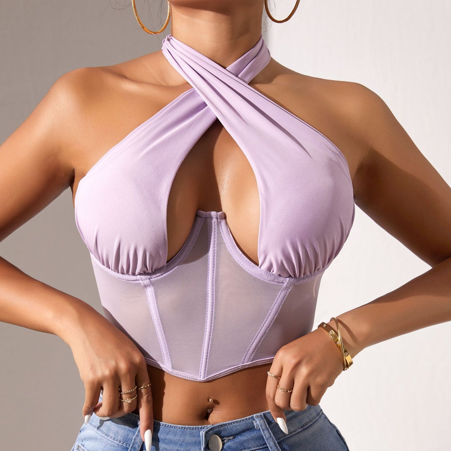 Cross-border Foreign Trade Mesh Beauty Chest Hanging Neck Tie-wrap Chest Sexy Spice Girl Fish Bone Steel Ring Outer Wear Backless Vest
