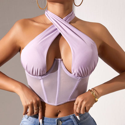 Cross-border Foreign Trade Mesh Beauty Chest Hanging Neck Tie-wrap Chest Sexy Spice Girl Fish Bone Steel Ring Outer Wear Backless Vest