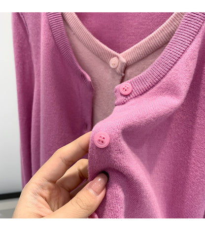 Beautiful V-neck Fake Two-piece Sleeve Knitted Cardigan Jacket Women's 2024 Autumn and Winter Western Style Unique Chic Slim Small Top