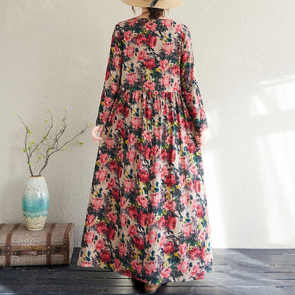 2025 Early Spring New Style Color Holiday Style Travel Crewneck Long Sleeve Retro Long Dress Women's Mat Covering Cotton and Linen dress