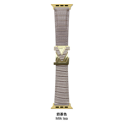 Suitable for Apple Watch 678910 Generation V-Shaped Magnetic Buckle Strap iWatch S11 Lizard Pattern Plaid Leather Wristband