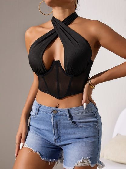 Cross-border Foreign Trade Mesh Beauty Chest Hanging Neck Tie-wrap Chest Sexy Spice Girl Fish Bone Steel Ring Outer Wear Backless Vest