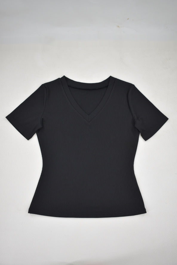 Solid Color Ribbed Pit V-Neck Short-Sleeve Tee