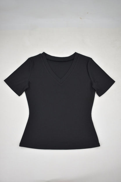 Solid Color Ribbed Pit V-Neck Short-Sleeve Tee