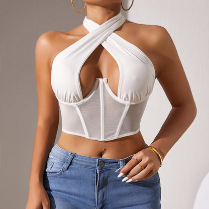 Cross-border Foreign Trade Mesh Beauty Chest Hanging Neck Tie-wrap Chest Sexy Spice Girl Fish Bone Steel Ring Outer Wear Backless Vest
