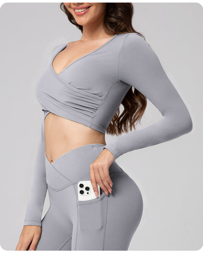 Feiyue European and American Sexy Cross Deep V Short Leaky Waist Solid Color Fitness Sports Leisure Long Sleeve Yoga Clothes Top for Women