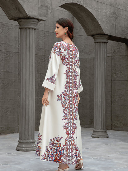 Sw0826 Middle East Cross-Border Muslim Women's Robe Elegant Printed Beaded Dress Dubai Export Abaya