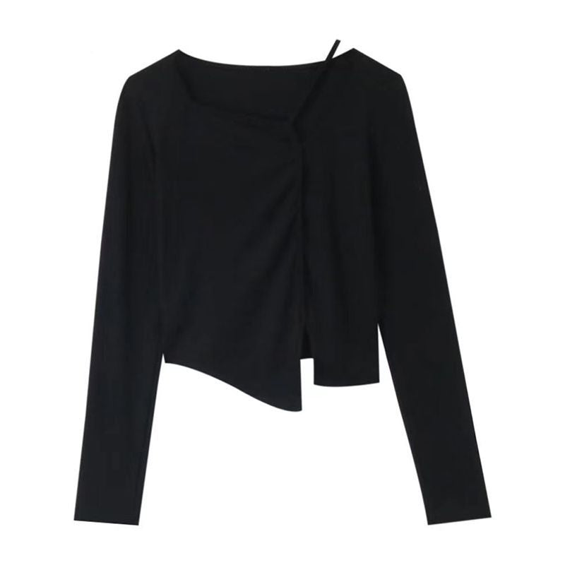 American Style Design Irregular Long-sleeved T-shirt Women's 2024 Spring and Autumn New Slim-fit Slimming Temperament Base Top