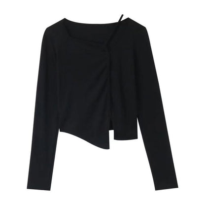American Style Design Irregular Long-sleeved T-shirt Women's 2024 Spring and Autumn New Slim-fit Slimming Temperament Base Top