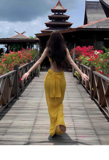 Bikini Swimsuit Women's 2025 New Thai Beautiful Yellow Split Three-piece Sexy Long Dress Island Holiday Style
