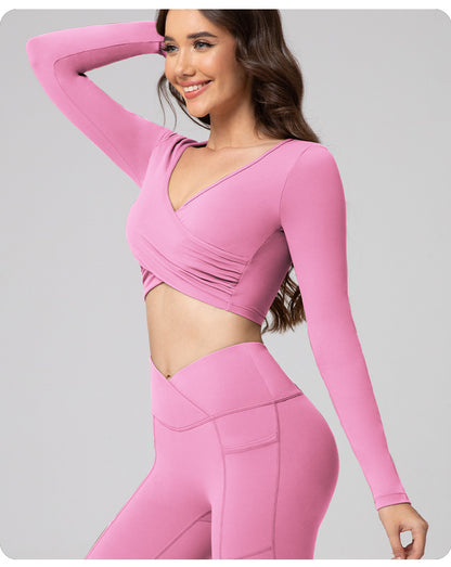 Feiyue European and American Sexy Cross Deep V Short Leaky Waist Solid Color Fitness Sports Leisure Long Sleeve Yoga Clothes Top for Women