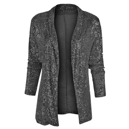 Cross-Border New European and American Amazon Sequined Long-Sleeved Elegant Mid-Length Small Suit Lapel Pure Color Jacket for Women