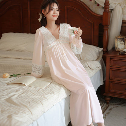 Women's long-sleeved nightdress spring cotton court style French lace princess temperament long pajamas can be worn outside home wear autumn and winter