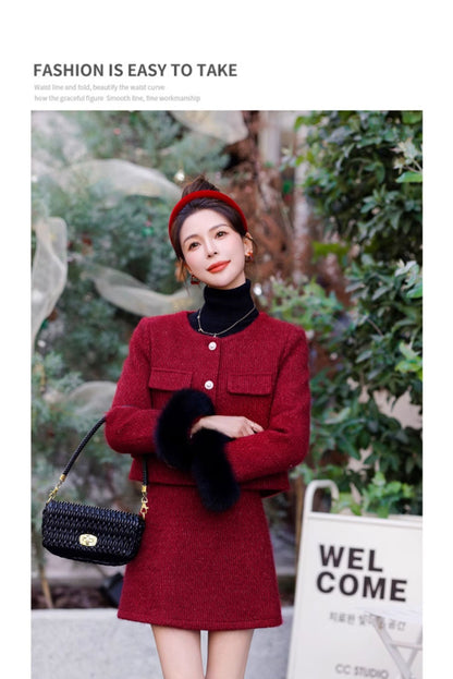 2024 Winter New Style Liner White Duck Down Jacket Real Hair Chanel Style suit Women's Light Luxury Socialite Skirt Two-piece Set