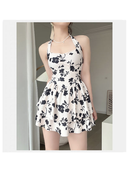 2025 New One-Piece Swimsuit Women's Black Poppy Boxer Corner Conservative Girl Strap Halter High Waist Covering Belly Hot Spring