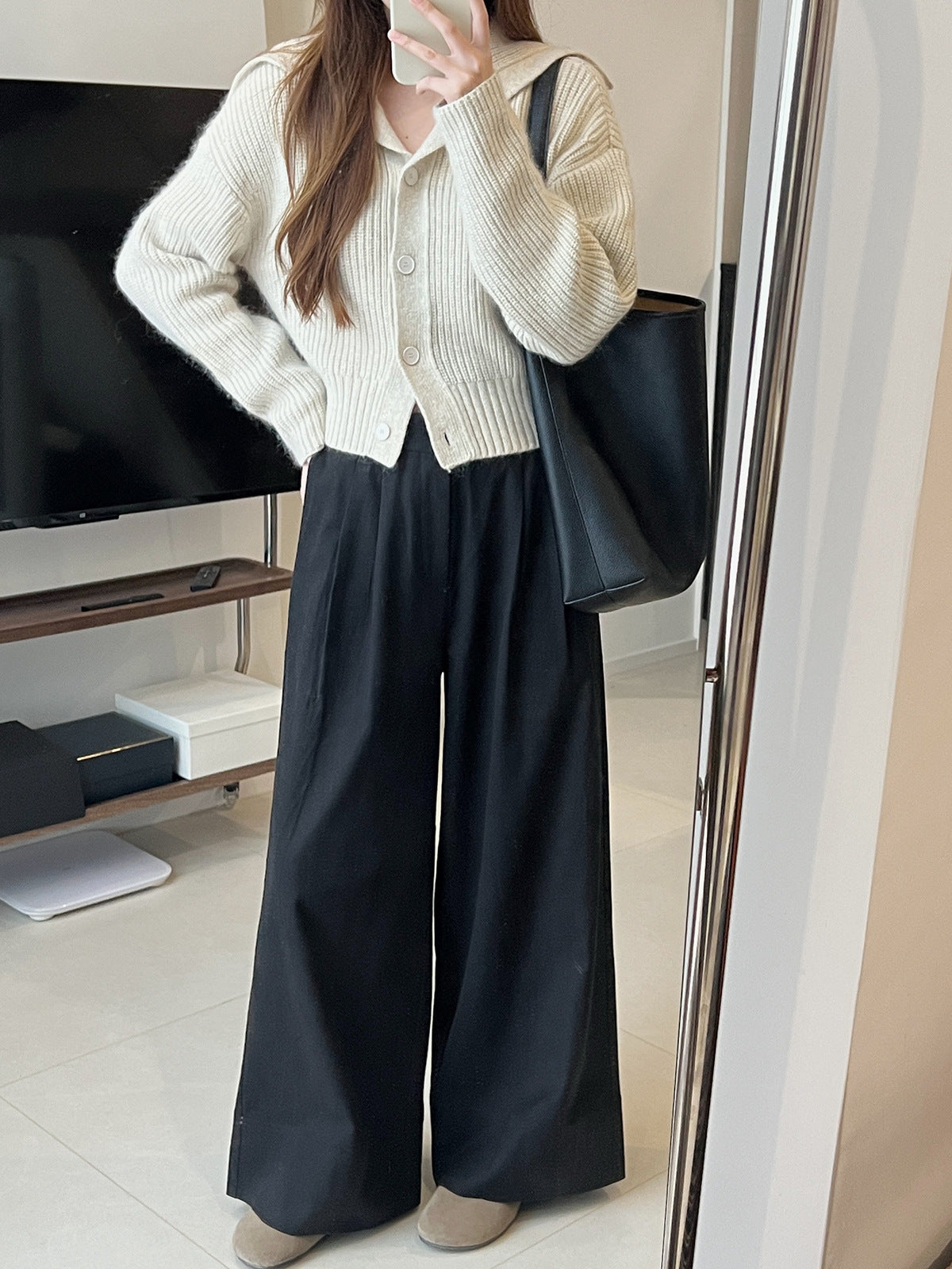 Sanding Thickened Flangable Wide Leg Pants Women's Autumn and Winter Washed Cotton Casual Pants Loose Lazy Slimming Wide Leg Pants