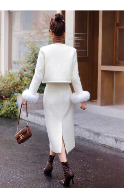 2024 Winter New Style Liner White Duck Down Jacket Real Hair Chanel Style suit Women's Light Luxury Socialite Skirt Two-piece Set
