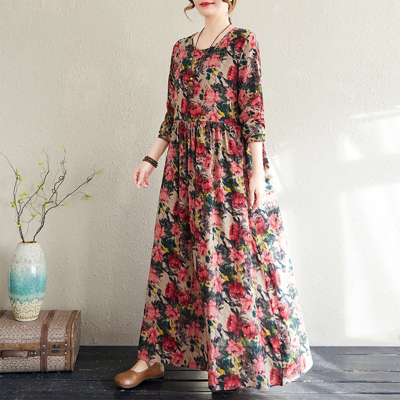 2025 Early Spring New Style Color Holiday Style Travel Crewneck Long Sleeve Retro Long Dress Women's Mat Covering Cotton and Linen dress