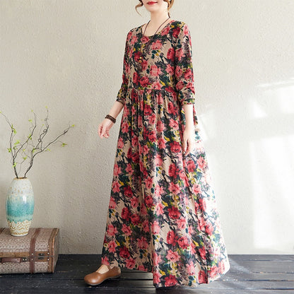 2025 Early Spring New Style Color Holiday Style Travel Crewneck Long Sleeve Retro Long Dress Women's Mat Covering Cotton and Linen dress