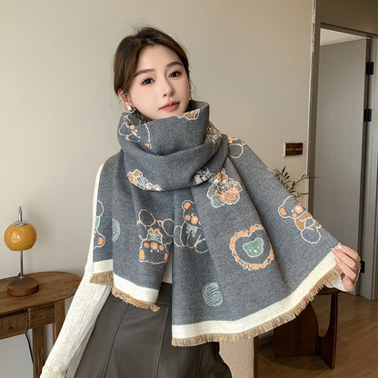Cartoon Cute Cat Double-Sided Double-Wearing Imitation Cashmere Women's Winter Thickened Warm Neck Shawl Student Soft