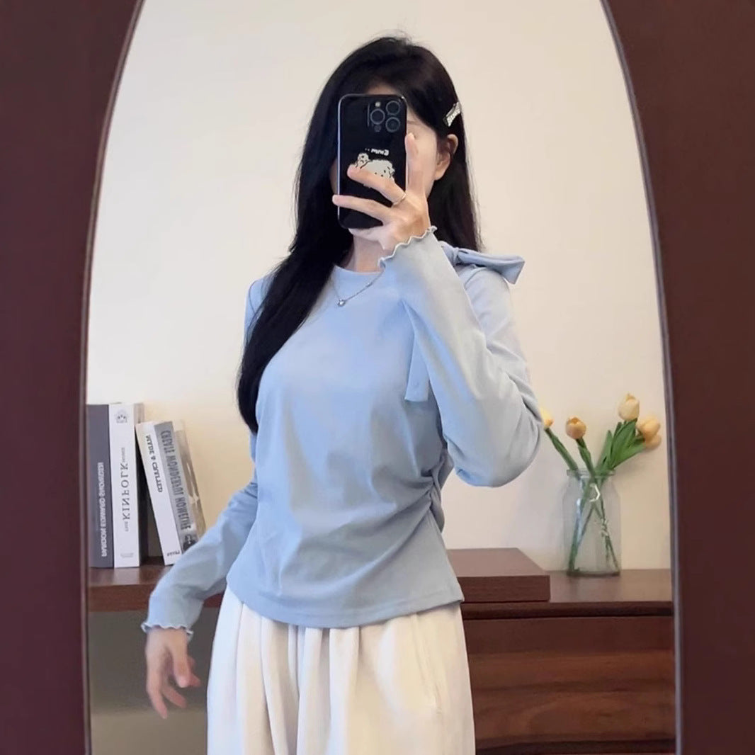 Bow Strap Long-sleeved Korean Style Chic Autumn and Winter New Top Sweet Pure Style Tight Waist Slim Fit Pleated Top