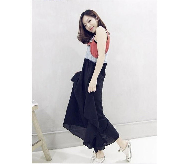 2024 Summer New Korean Style plus size Loose Fashionable Casual Denim Stitching Chiffon Strap Denim dress Women