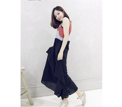 2024 Summer New Korean Style plus size Loose Fashionable Casual Denim Stitching Chiffon Strap Denim dress Women