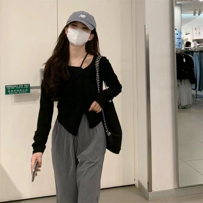 American Style Design Irregular Long-sleeved T-shirt Women's 2024 Spring and Autumn New Slim-fit Slimming Temperament Base Top
