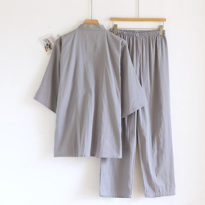 Kimono Robes Pajamas Set for Spring Autumn and Summer Thin Men's Cotton Loose Fit Large Size Half Sleeve Sleepwear Set