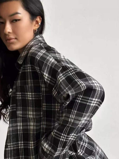 2024 Spring and Autumn Amazon OZON Cross-border Retro Style All-match Loose Shirt * Fashion All-match Plaid Shirt Women