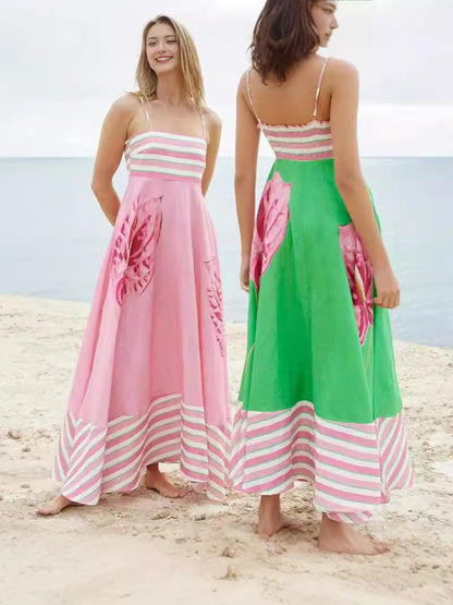 2024 Summer New European and American Cross-border Independent Station Sexy Sling Elegant Printed Striped High Waist Large Swing dress