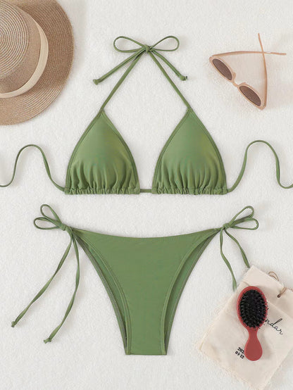 European and American Solid Color Split Swimsuit Women's Sexy Bikini Cross-border Hot Tight Gather Deep V High-end Swimsuit Women