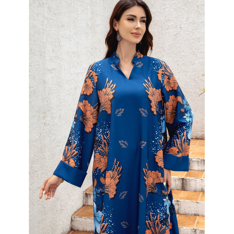 Sw0839 Middle Eastern Cross-Border Muslim Ladies Robe Printed Accessible Luxury Pearl Belt Jumabiya Dress