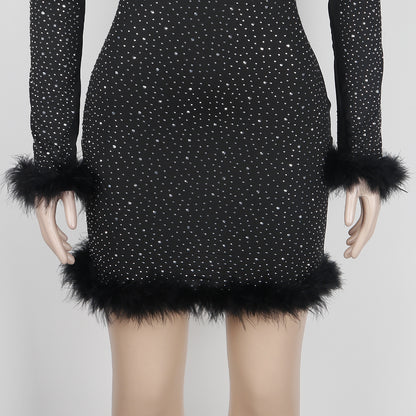 CM.YAYA Elegant Hot Rhinestones Diamonds Crystal Women Fur Hem Long Sleeve Bodycon Midi Dress Chic Party Club Even Prom Dresses