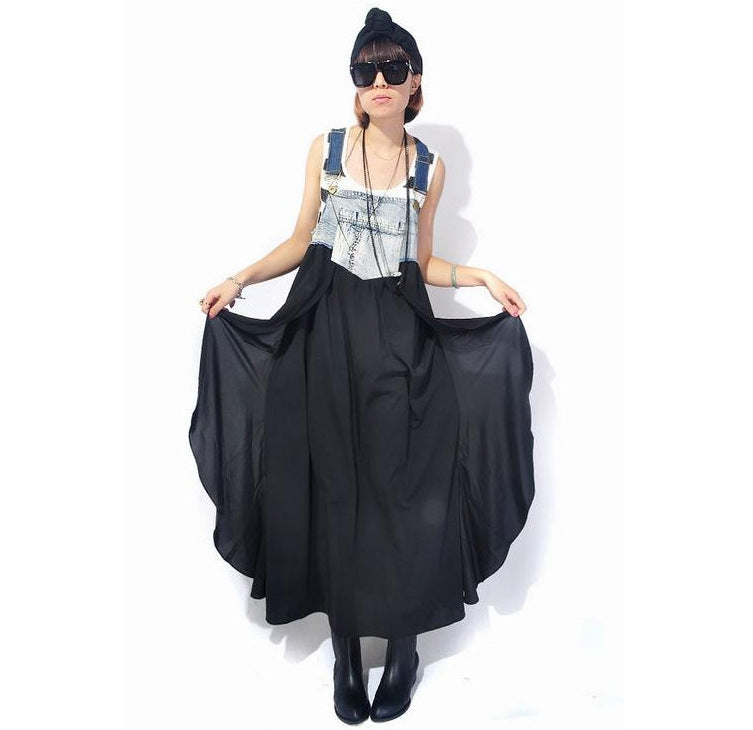 2024 Summer New Korean Style plus size Loose Fashionable Casual Denim Stitching Chiffon Strap Denim dress Women