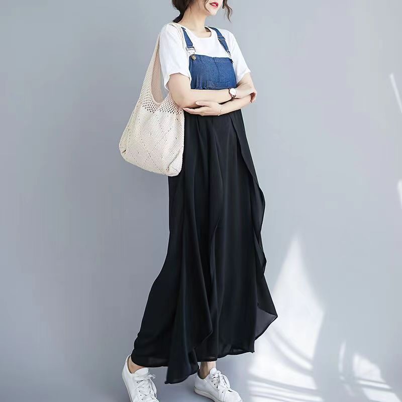 2024 Summer New Korean Style plus size Loose Fashionable Casual Denim Stitching Chiffon Strap Denim dress Women