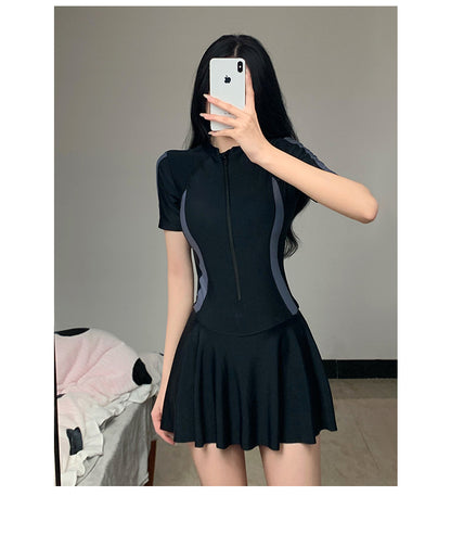 2025 New Swimsuit Women's Summer One-Piece Skirt Covering Belly, Slimming, Conservative Long-Sleeved Student Sports Swimwear Super Fairy