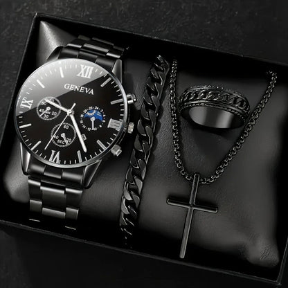 Men's 4-piece Luxury Stainless Steel Quartz Watch with Calendar Gold Cross Necklace Bracelet and Ring