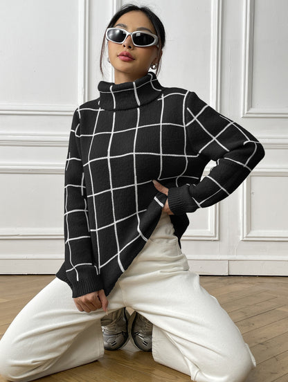 Contrast Color Mesh Woven Shirt Women's Pullover Top Cross-border European and American Women's Fashion Base Shirt Turtleneck Sweater