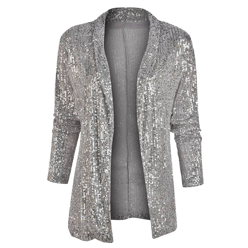 Cross-Border New European and American Amazon Sequined Long-Sleeved Elegant Mid-Length Small Suit Lapel Pure Color Jacket for Women