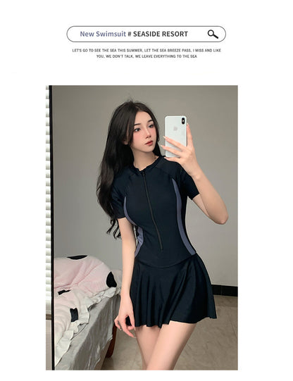 2025 New Swimsuit Women's Summer One-Piece Skirt Covering Belly, Slimming, Conservative Long-Sleeved Student Sports Swimwear Super Fairy