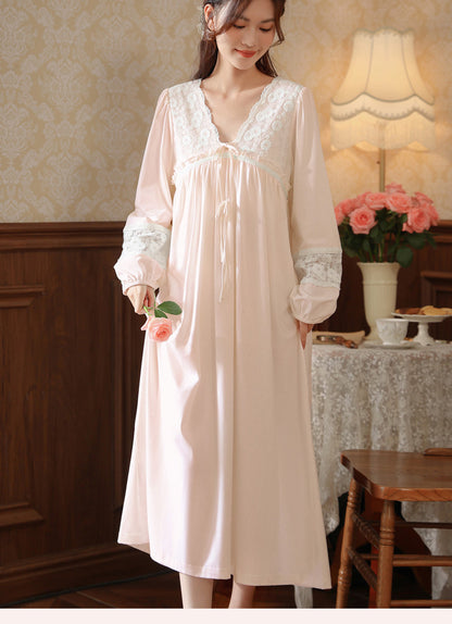 Women's long-sleeved nightdress spring cotton court style French lace princess temperament long pajamas can be worn outside home wear autumn and winter