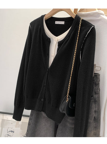 Beautiful V-neck Fake Two-piece Sleeve Knitted Cardigan Jacket Women's 2024 Autumn and Winter Western Style Unique Chic Slim Small Top
