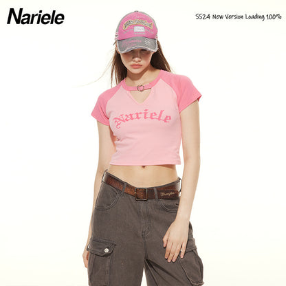 HeyHenry European and American Spice Girls Fashion Hollow Design Letter Print Contrast Color Short-sleeved T-shirt Women's Navel Top